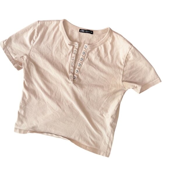 Zara Short Sleeve V-Neck Snap Front Beige Tee T-Shirt Cropped Size Small - Picture 6 of 6